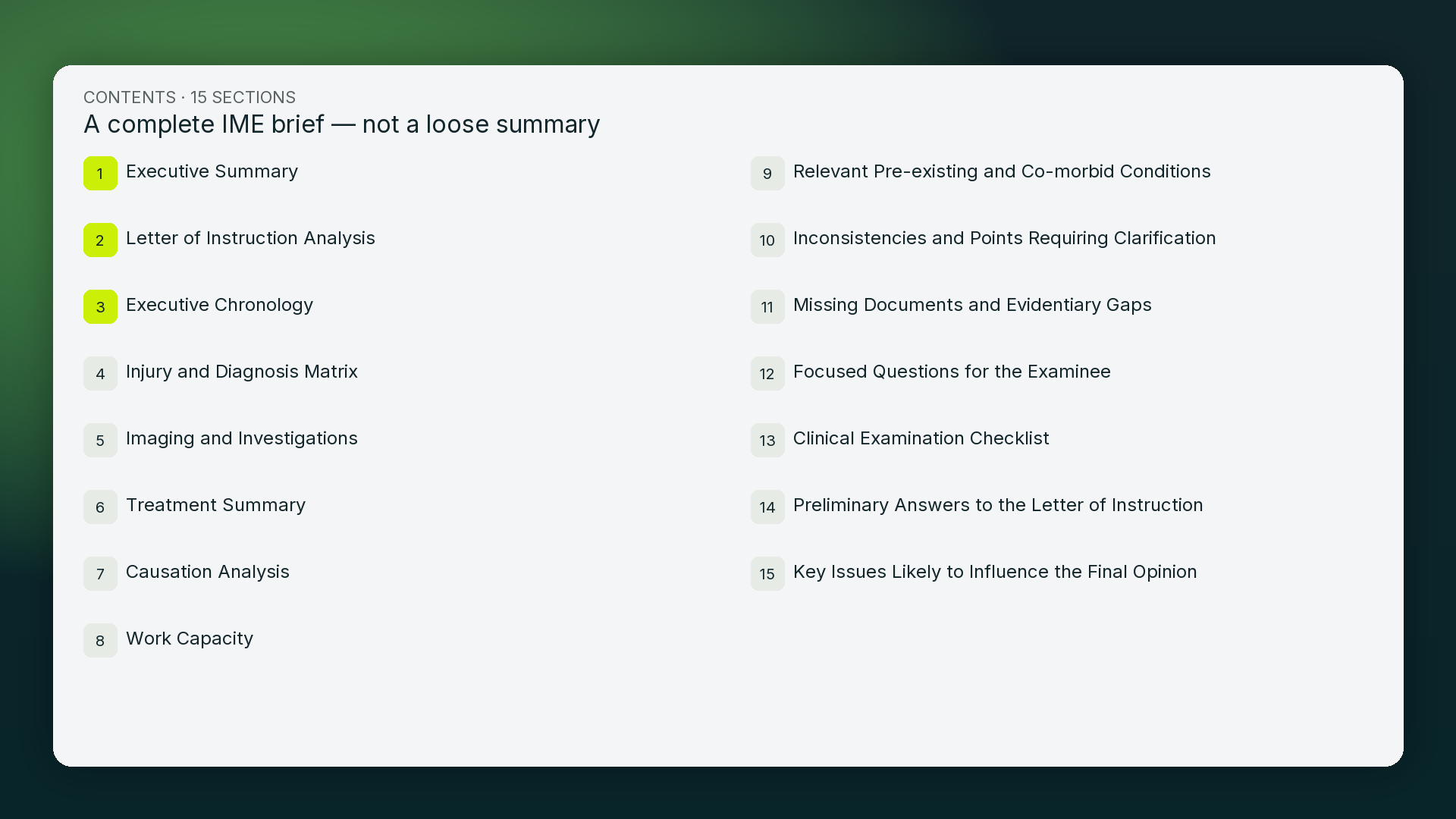 Full IME brief contents — 15 sections from summary to key issues